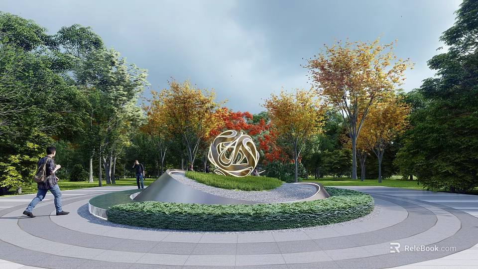 Golden Twisted Sculpture On Circular Lawn With Paved Area And Colorful Autumn Trees 3d model 