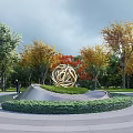 Golden Twisted Sculpture On Circular Lawn With Paved Area And Colorful Autumn Trees
