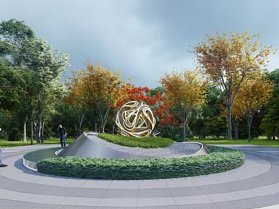 Golden Twisted Sculpture On Circular Lawn With Paved Area And Colorful Autumn Trees 3d model