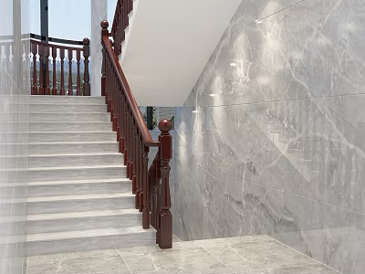 Wooden Stair Railings With Modern Staircase And Gray Marble Wall 3d model