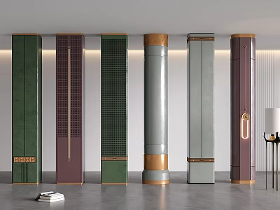 Decorative Modern Columns With Various Textures Metal Accents And Grid Patterns In Interior Space 3d model