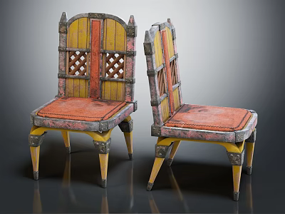Two Stylish Leisure Chairs With Yellow Red Accent And Lattice Back Design Decorative Yellow Legs 3d model