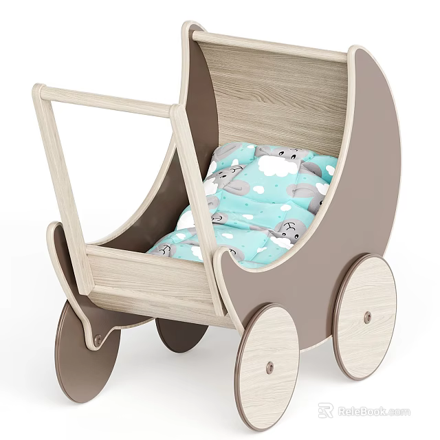 Electric Toy Wooden Baby Stroller Featuring Blue Cushion With Animal And Cloud Patterns For Toddlers 3d model 