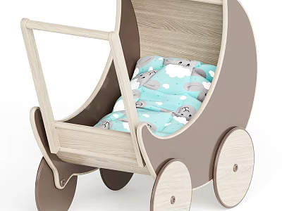 Electric Toy Wooden Baby Stroller Featuring Blue Cushion With Animal And Cloud Patterns For Toddlers 3d model