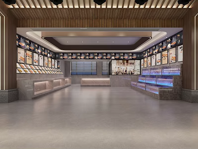 Modern Restaurant Interior With Display Counters Menu Boards Marble Countertops And Wooden Ceiling 3d model