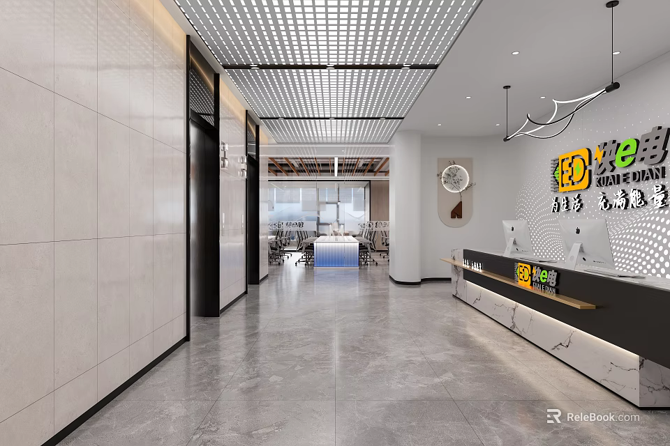 Modern Elevator Hallway With Tile Walls Gray Floor Grid Ceiling Hanging Lights And Reception Desk 3d model