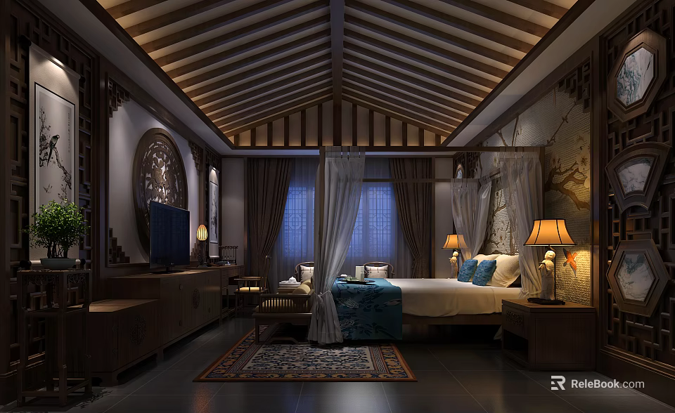Elegant Chinese Style Hotel Guest Room With Wooden Ceiling Four Poster Bed And Traditional Decor 3d model 