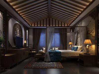 Elegant Chinese Style Hotel Guest Room With Wooden Ceiling Four Poster Bed And Traditional Decor 3d model