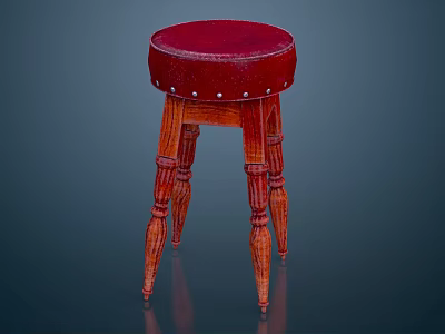 Wooden Stool With Red Leather Seat Silver Studs On Carved Wooden Legs 3d model