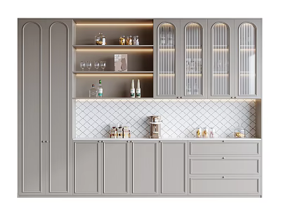 Modern Gray Wine Cabinet With Glass Doors Drawers And White Tiled Backsplash 3d model