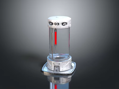 Space Exploration Cylindrical Device With Transparent Body Red Column And Silver Base Number 03 3d model
