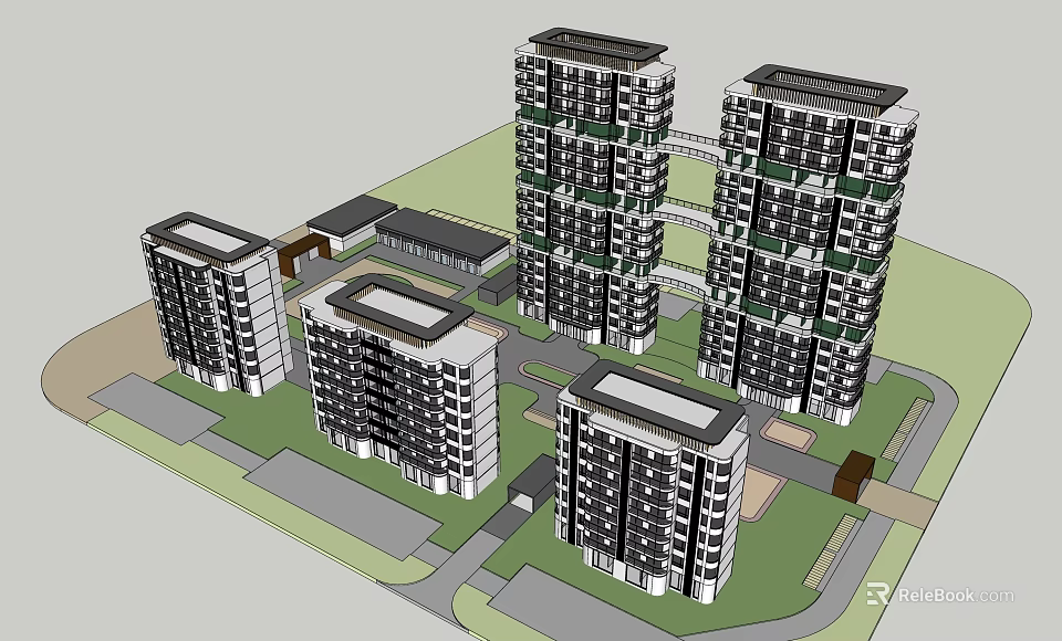 Modern High Rise Residential Buildings With Green Areas And Community Layout 3d model 