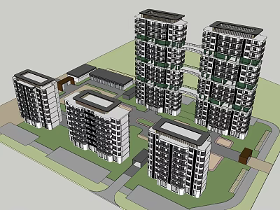 Modern High Rise Residential Buildings With Green Areas And Community Layout 3d model