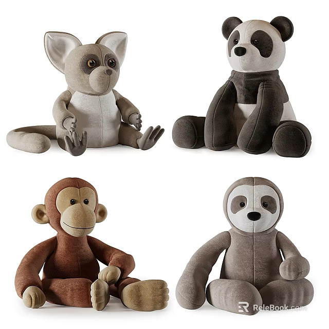 Adorable Soft Stuffed Plush Toys With Lemur Panda Monkey And Sloth 3d model 