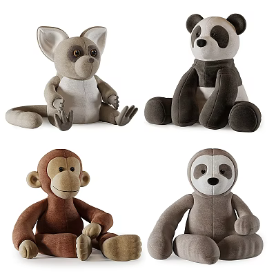 Adorable Soft Stuffed Plush Toys With Lemur Panda Monkey And Sloth 3d model