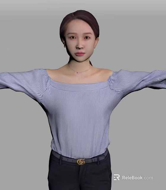 Woman In Striped Off Shoulder Top With Arms Outstretched Posing Confidently 3d model 