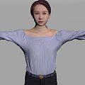 Woman In Striped Off Shoulder Top With Arms Outstretched Posing Confidently