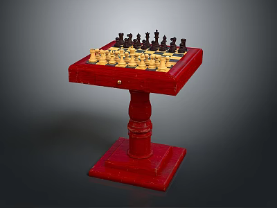 Red Wooden Chess Table With Black And White Pieces On Pedestal Stand 3d model