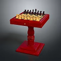 Red Wooden Chess Table With Black And White Pieces On Pedestal Stand