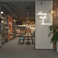 Cozy Modern Cafe Interior With Red Brick Wall and Hanging Lights Tables Chairs and Shelves