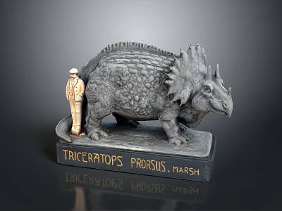 Miniature Human Figure Standing By Triceratops Prorsus Marsh Model On Base With Nameplate 3d model