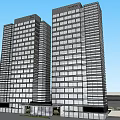 Modern Hotel Building with Twin Tall Glass Curtain Wall Entrance and Green Plants