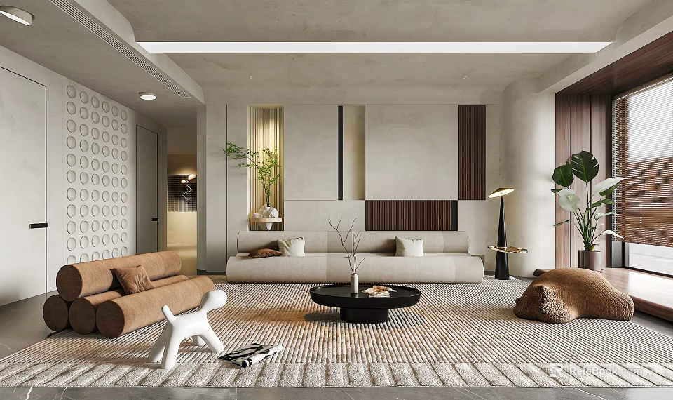 Modern Living Room Interior Design With Beige Sofa Black Coffee Table And Geometric Wall Decor 3d model 