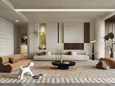 Modern Living Room Interior Design With Beige Sofa Black Coffee Table And Geometric Wall Decor 3d model