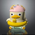 Cartoon Duck Character With Pink Hat Flower Decorations And Little Duckling In Yellow Float Ring