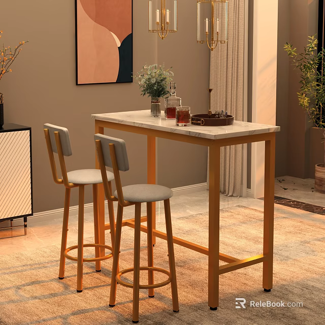 Bar Counter With White Top Golden Frame Gray Stools Green Plants Glass Cups And Tray 3d model 