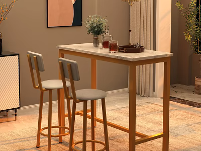 Bar Counter With White Top Golden Frame Gray Stools Green Plants Glass Cups And Tray 3d model