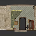 Vintage Room Scene Component With Stone Walls Patterned Wallpaper Green Curtains And Wooden Cabinet