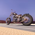 Vintage Motorcycle With Metallic Finish And Leather Seat On Open Road Against Mountain Sunset Sky