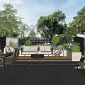 Serene Garden Outdoor Area With Sofa Dining Table Green Plants And Stone Floor