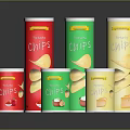 Colorful Potato Chips Cans In Red Green Yellow For Tasty Snack