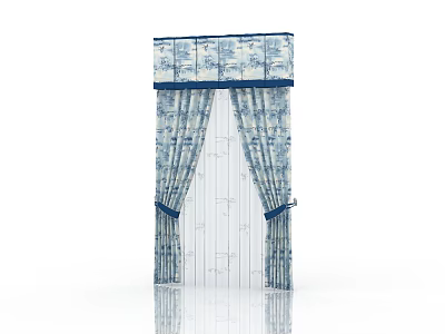 Elegant Blue And White Floral Pattern Curtains With Valance And Tiebacks 3d model