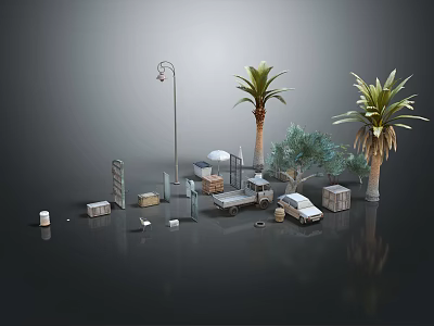 Outdoor Urban Scene With Street Lamp Palm Trees Umbrella Tables Chairs Small Car And Boxes 3d model