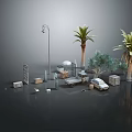 Outdoor Urban Scene With Street Lamp Palm Trees Umbrella Tables Chairs Small Car And Boxes