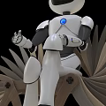 Smart Robot Sitting On Unique Fan Shaped Chair With White Body And Blue Light