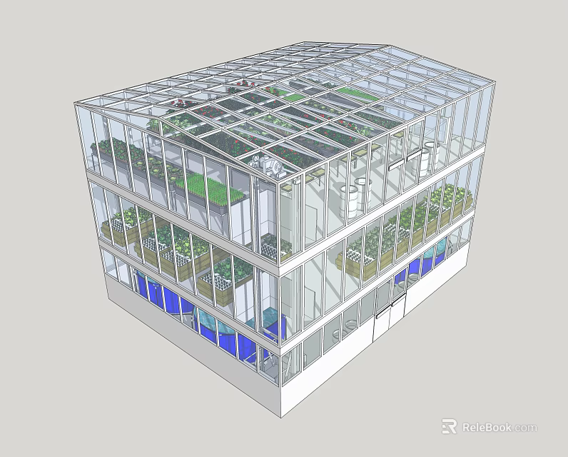 Glass Greenhouse Structure With Multiple Levels And Indoor Plant Growing Areas 3d model 