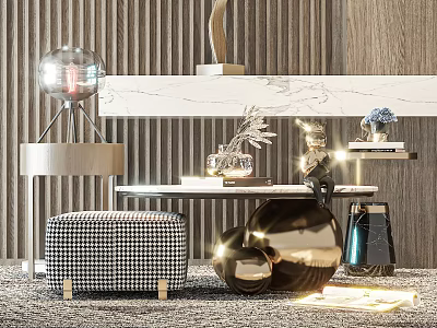 Modern Luxury Coffee Table With Marble Top Metal Decor And Checkered Stool 3d model