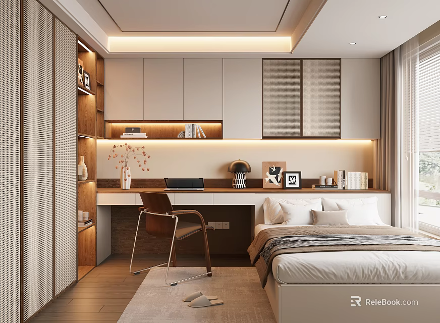 Modern Tatami Bedroom Interior Design With Wooden Desk Bookshelf And Natural Light 3d model 