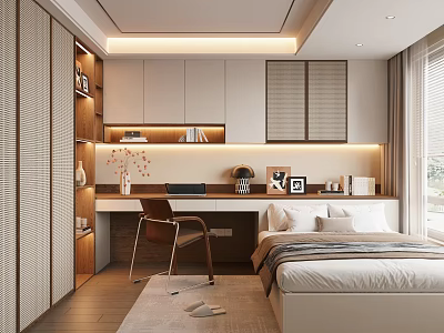 Modern Tatami Bedroom Interior Design With Wooden Desk Bookshelf And Natural Light 3d model