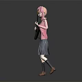 Pink Haired Blue Eyed Girl In Pink Top Gray Skirt Holding Black Guitar Dark Background