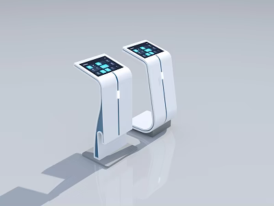 Modern Service Hall Interior With White Self Service Kiosks And Blue Screens 3d model