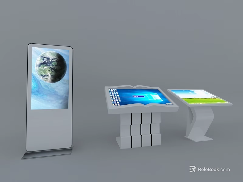 Public Interactive Information Kiosks With Standing And Tabletop Touchscreen Earth Map Displays 3d model 