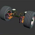 Heavy Duty Tires with White Rims and Green Axle Beam in 3D Suspension Model