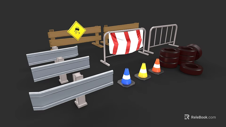 Car Driving Through Road Construction Zone With Traffic Cones Barriers And Signs 3d model 