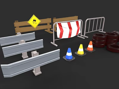 Car Driving Through Road Construction Zone With Traffic Cones Barriers And Signs 3d model