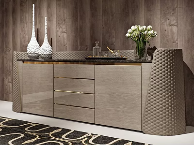 Sleek Entryway Console Cabinet With Gold Accents Vases White Flowers And Wooden Paneling 3d model